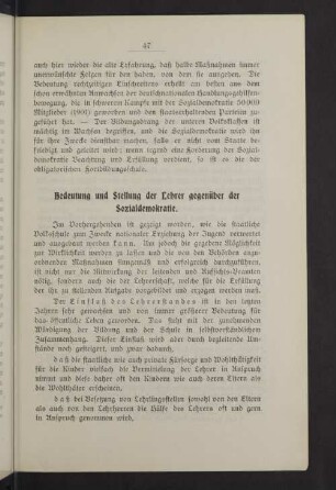 Bedeutung und Stellung der Lehrer gegenüber der Sozialdemokratie.