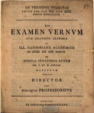Ad versionis vulgatae locum Job. cap. IX., comm. 28. brevis observatio