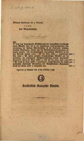 Deputationsbericht vom 30. October 1798 : Mit Beyll. ; Dictatum Rat. d. 5. Nov. 1798