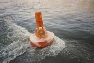 Durch Treibeis beschädigte Tonne im Rhein