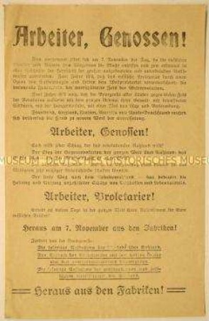 Anonymer programmatischer Solidaritätsaufruf an die Fabrikarbeiter zur Massendemonstration in Gedenken an den 2. Jahrestag der russischen Arbeiterrevolution