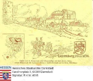 Lichtenberg im Odenwald, Schloss / rechts unten: Grundriß der Burg / vor dem Schloss Landsknechte, z.T. zu Pferd / links unten: Hessisches Wappen