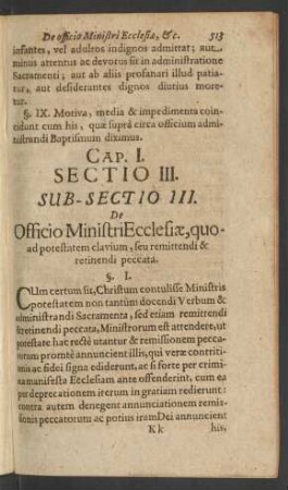 [...] Sub-Sectio III. De Officio Ministri Ecclesiae, quoad potestatem clavium, seu remittendi & retinendi peccata.