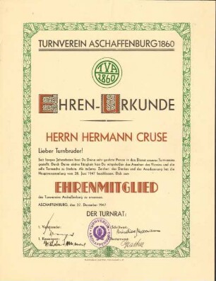 Ehrenurkunde für Hermann Cruse, Aschaffenburg