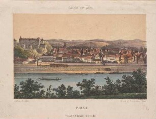 Stadtansicht von Pirna mit dem Sonnenstein und der Marienkirche von Norden über die Elbe