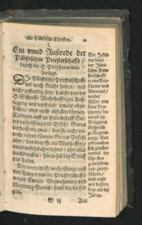 I. Ein unnd Außrede der Päbstischen Priesterschafft/ durch die H. Propheten wiederlegt.
