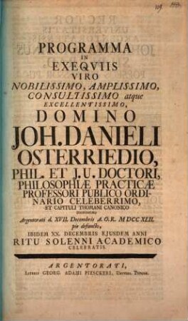 Programma in Exequiis ... Joh. Danieli Osterriedio ... argentorati ... pie defuncto ... ritu solenni academico celebratis