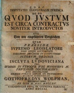 Dispvtatio Inavgvralis Ivridica De Eo Qvod Jvstvm Est Circa Contractvs Noviter Introdvctos Sive Von neu eingeführten Vergleichen