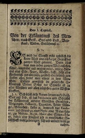 Das I. Capitel, von der Erkenntnuß des Menschen, nach Geist, Seel und Leib, Verstand, Willen, Gedächtniß