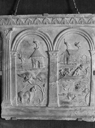 Pygmäendorf am Nil, Flusslandschaft mit Hütten, Tieren und Bootsfahrenden