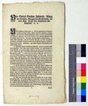 Mandat von Friedrich II. König von Preußen an das Kammergericht betreffend die Aussetzung von Offiziersprozessen wegen Ausbruch des Bayerischen Erbfolgekriegs