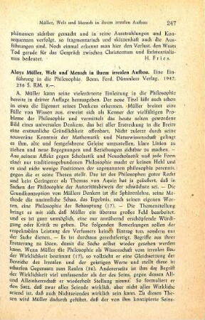 247-249 [Rezension] Müller, Aloys, Welt und Mensch in ihrem irrealen Aufbau