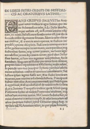 Ex Libris Petri Criniti De Historicis Ac Oratoribus Latinis.