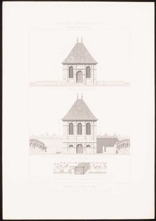 Manufactures, Sèvres: Grundriss, Vorderansicht, Rückansicht Gartenpavillon (aus: Motifs historiques d´architecture et de sculpture d´ornement, hrsg.v. César Daly, Bd.2, 1870)