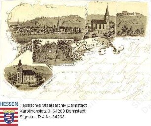 Reichelsheim im Odenwald, Panorama und Einzelansichten / Evangelische Kirche; Schloss Reichenberg; Rodenstein mit Scheffeltafel; lutherische Christenkirche
