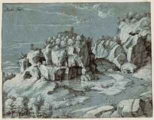Felsige Landschaft mit Bergkloster, Teich und Anglern