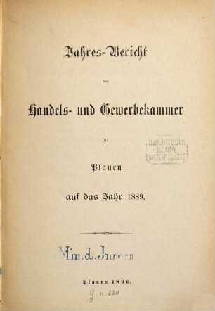 Jahresbericht der Handels- und Gewerbekammer Plauen. 1889 (1890)