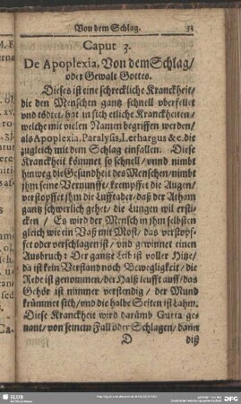 Caput 3. De Apoplexia, Von dem Schlag, oder Gewalt Gottes