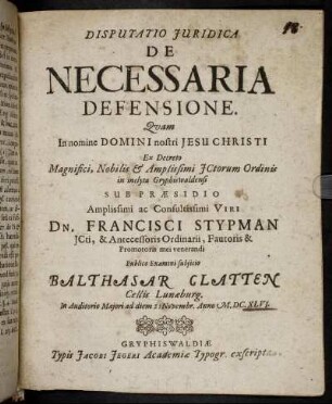 Disputatio Iuridica De Necessaria Defensione