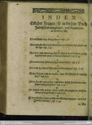Index Etlicher Fragen, so in diesem Buch Judith sind vorgeleget, und beantwortet worden