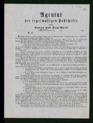 Informationsblatt der "Agentur der regelmäßigen Postschiffe zwischen Havre und New-York"