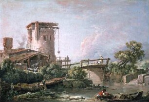 Landschaft mit Turm und Brücke