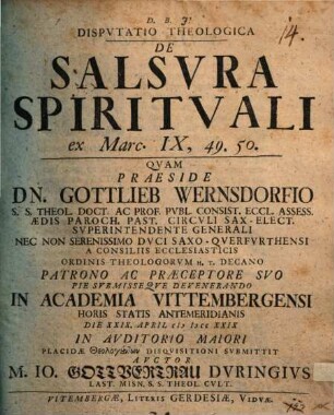 Disp. theol. de salsura spirituali, ex Marc. IX, 49. 50.