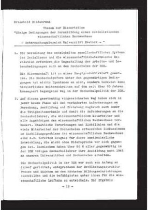 Thesen zur Dissertation "Einige Bedingungen der Heranbildung eines sozialistischen wissenschaftlichen Nachwuchses (Untersuchungsbereich Universität Rostock)