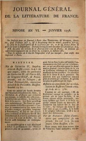 Journal général de la littérature de France : ou indicateur bibliographique et raisonné des livres nouveaux en tous genres, suivi d'un bulletin de la littérature étrangère. 1. 1798