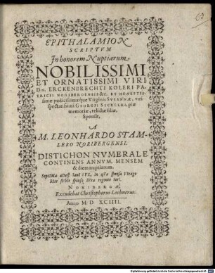 Epithalamion scriptum in honorem nuptiarum N. V. D. Erckenbr. Koleri, Patricii Norimb.