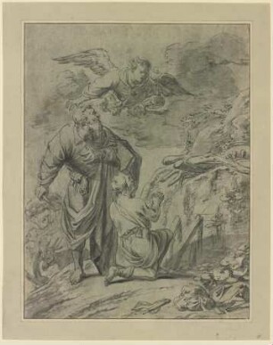 Abraham im Begriff seinen Sohn Isaak zu opfern, erblickt den Engel