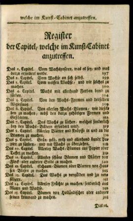 Register der Capitel, welche im Kunst-Cabinet anzutreffen.