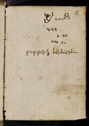 Ir, Vorsatzblatt mit Text von Martin Crusius' Hand: "Papistisch Betbüchlin"