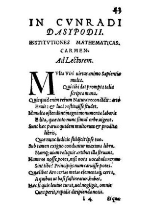 In Cvnradi Dasypodii. Institvtiones Mathematicas. Carmen.