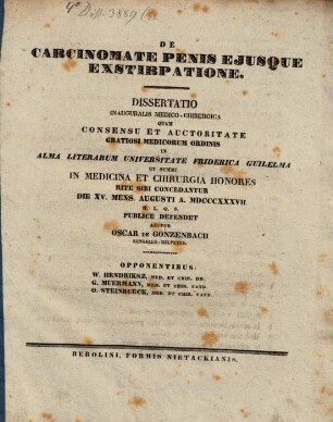 De Carcinomate Penis Eiusque Exstirpatione : Dissertatio Inauguralis Medico-Chirurgica