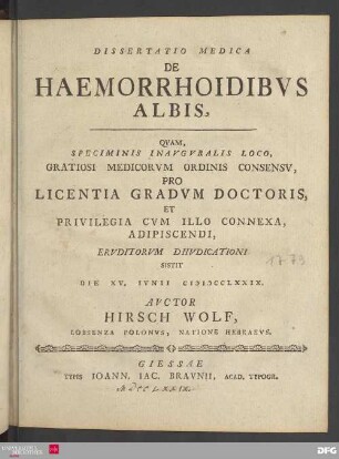 Dissertatio Medica De Haemorrhoidibvs Albis