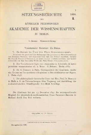 Sitzungsberichte der Preussischen Akademie der Wissenschaften zu Berlin. 1898,1
