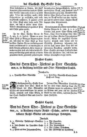 Fünfftes Capitel. Von des Herrn Chur-Fürstens zu Trier Gerechtsamen, [et]c. in Ansehung des Chur- und Ober-Rheinischen Craises.