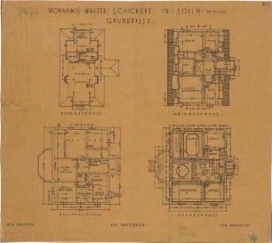 Fischer, Theodor; München - Solln; Haus Schickert - Grundriss Keller, Grundriss EG, Grundriss OG, Grundriss DG