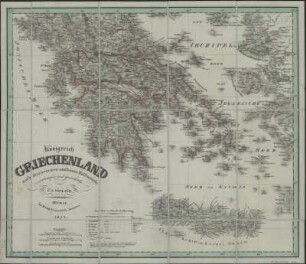 Karte vom Königreich Griechenland, ca. 1:1 600 000, Lithographie, 1832 : Königreich Griechenland : nach den neuesten und besten Hülfsmitteln / entworfen und gezeichnet von C. F. Weiland. - [Ca. 1:1 600 000] Weimar : Verlag des Geograph. Instituts , 1832. - 1 Kt. : Lithogr. ; 46 x 39 cm. - Maßstab in graph. Form (Geographische Meilen, Französische Lieues). - Nullmeridian: Ferro. - Mit Bergstrichen
