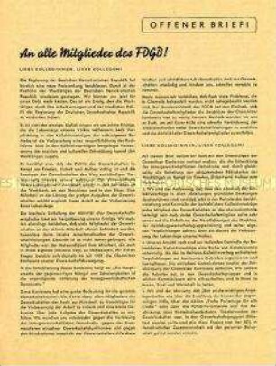 Offener Brief an alle Mitglieder des FDGB mit Propaganda für die Wirtschaftspolitik der DDR-Regierung