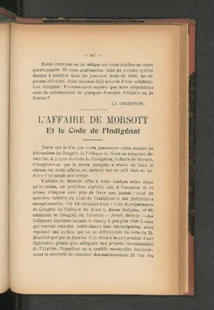 L'Affaire de Morsott et le Code de l'Indigénat.