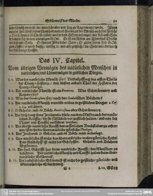 Das IV. Capitel. Vom übrigen Vermögen des natürlichen Menschen in natürlichen, und Unvermögen in geistlichen Dingen