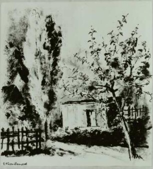 Gartenlaube mit blühendem Obstbaum