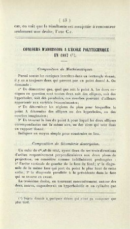 Concours d'admission a l'École Polytechnique en 1887.