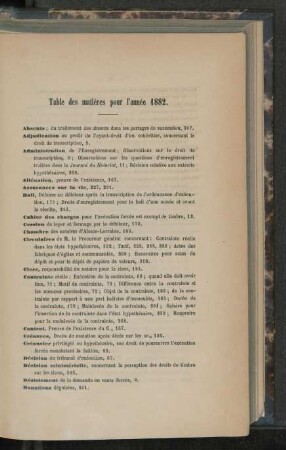 Table des matières pour l'année 1882