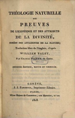 Théologie naturelle ou preuve de l'existence de la divinité