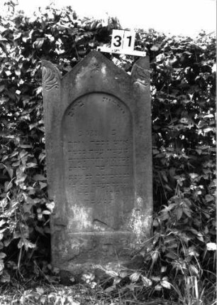 Grabstein 31 (Index: 99891798) Material: Sandstein Zustand: gut Maße HxBxT: 126x52x11 cm Beschreibung: rechteckige Stele, spitzer Giebel mit Eckakroteren: Grabstein 31