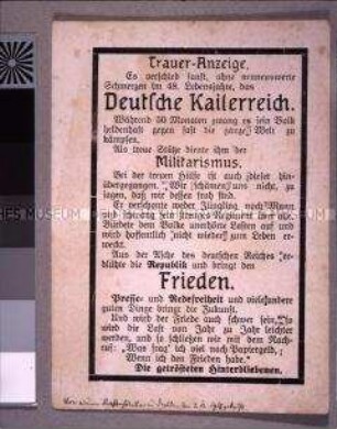 Ironische "Traueranzeige" zum Ende des Kaiserreiches