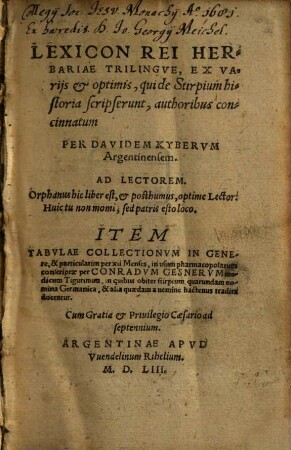 Lexicon Rei Herbariae Trilingve : Ex Varijs et optimis, qui de Stirpium historia scripserunt, authoribus concinnatum